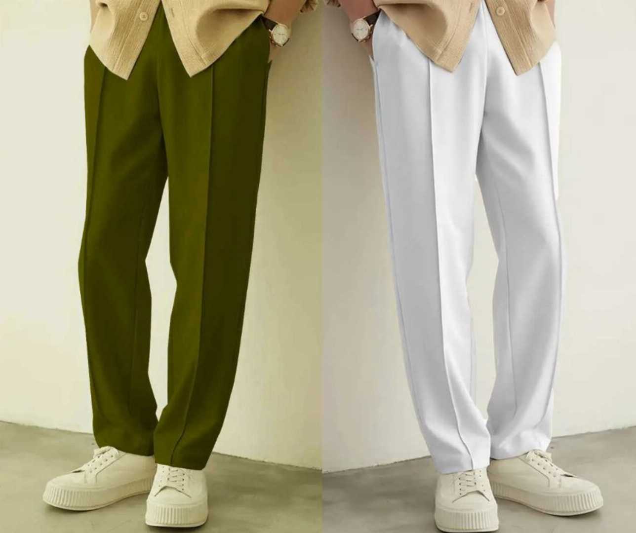 2,Pcs,Formal,Pant,Cutting,Trouser,For,Men,(Olive,,White,)